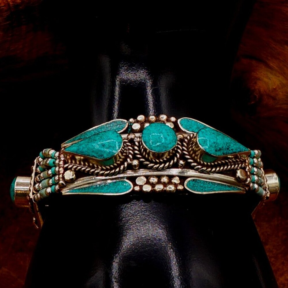 Vintage Tibetan Silver Nepalese Turquoise Teardrops, Round & Bead Bracelet 8"
